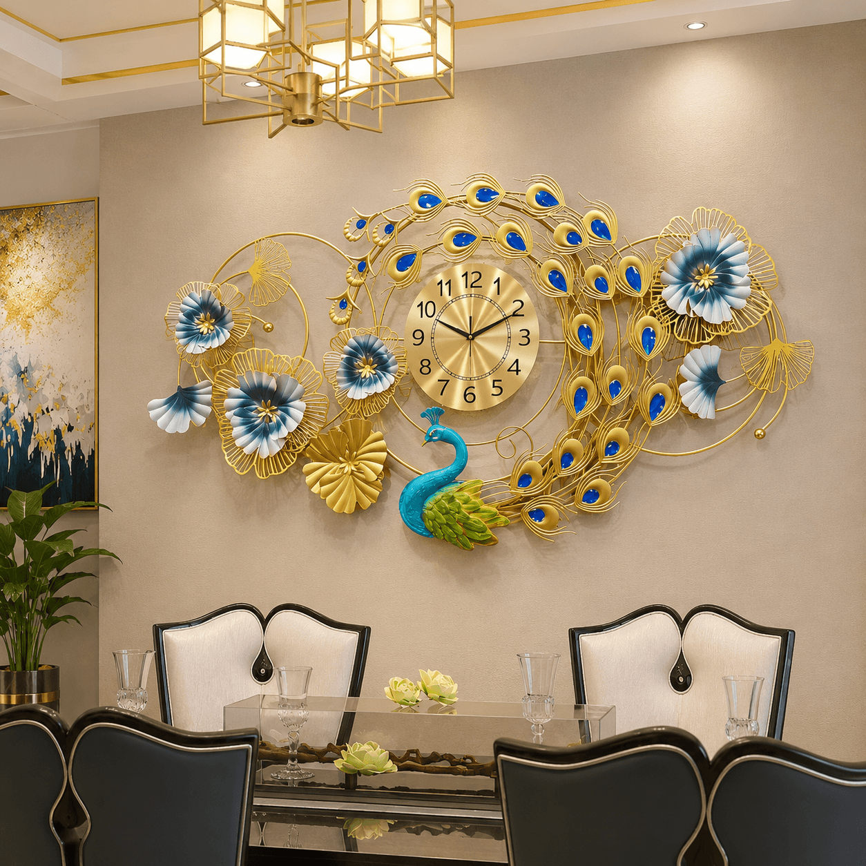 Peacock Wall Clock – Gleaming Floral (100x55cm)